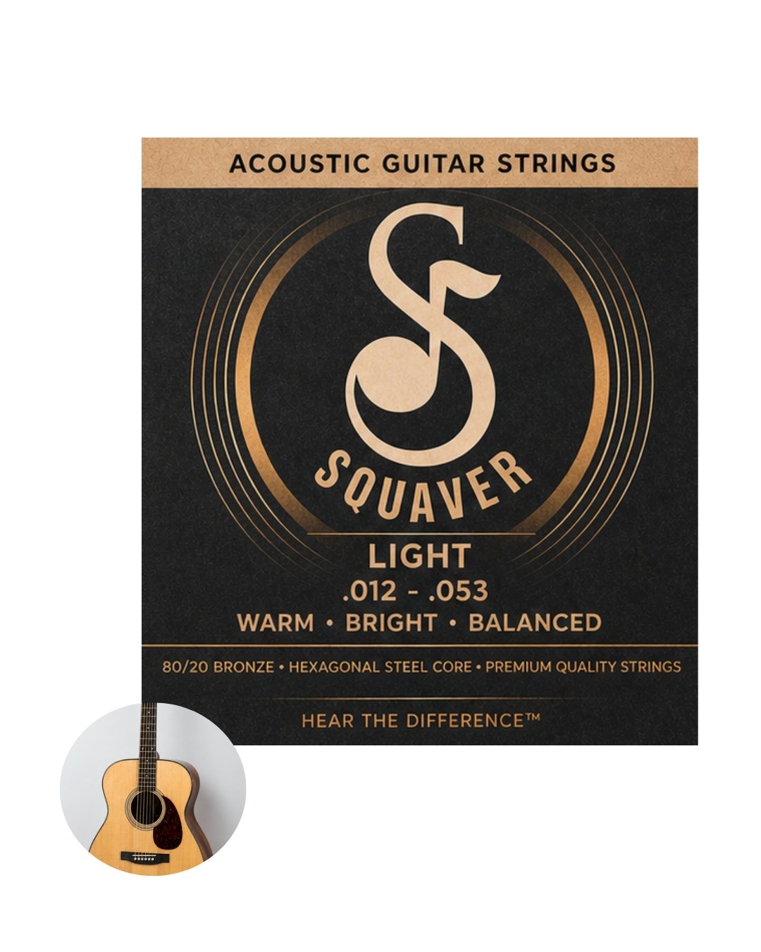 Squaver Acoustic Guitar Strings – Light Gauge (.012–.053) 80/20 Bronze, Premium Tone, Long Lasting & Stable Tuning