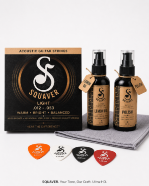 Squaver Acoustic Guitar Combo Pack – Strings Set + Guitar Cleaning Kit + 4 Plectrums | Complete Guitar Care Kit
