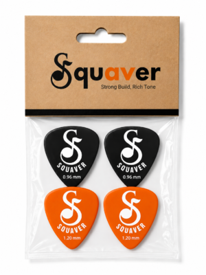 Squaver Guitar Plectrums for Lead Guitar, Pack of 4, 0.96 mm and 1.20 mm, Black and Orange, Non-Slip, Hard Thick