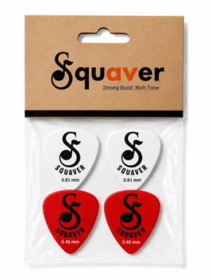 Squaver Guitar Plectrum, 0.46 mm & 0.81 mm, Non-Slip, for Rhythm Guitar, White and Red, 4 Pack