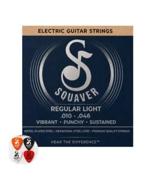 Electric Guitar Strings Regular Light .010-.046 with Picks | Nickel-Plated Steel, Hexagonal Steel Core, 4 Plectrums Included, Vibrant & Punchy Tone, Sustained Sound