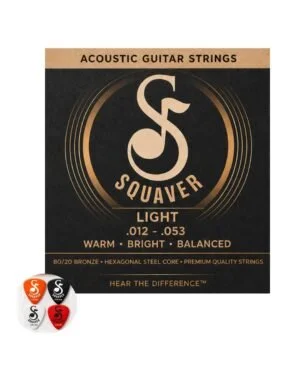 Acoustic Guitar Strings Light .012-.053 with 4 Picks | 80/20 Bronze, Hexagonal Steel Core, Warm Bright Balanced, 4 Plectrums Included, Light Gauge